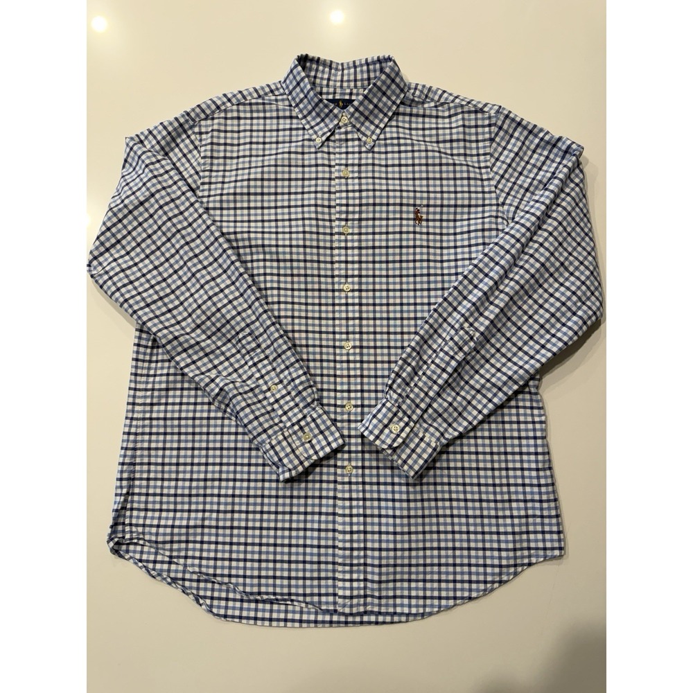 Ralph Lauren Gingham Long Sleeve Shirt Light Blue Plaid Mens Large - Picture 1 of 12